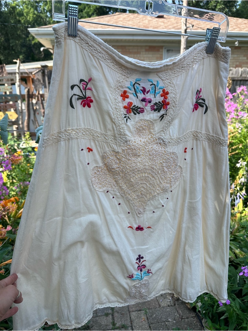 Free People Cream Embroidered Cotton Slip Skirt with Floral Embroidery